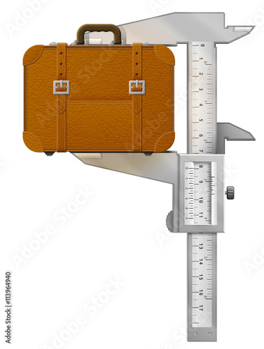 Vertical caliper measures suitcase. Concept of measuring size of travel bag. Vector illustration about travel, luggage, tourism, accessory, vacation, baggage, trip, etc