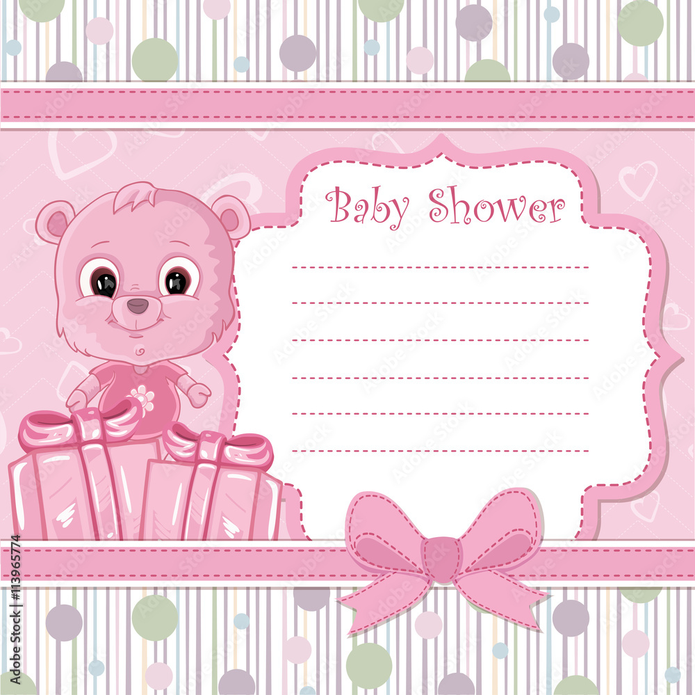 Teddy bear for baby girl . Baby shower invitation