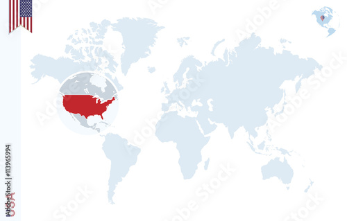 Blue world map with magnifying on USA.