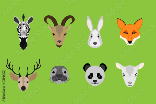 Set of 8 animals zebra, goat, rabbit, fox, deer, seal, panda, lamb