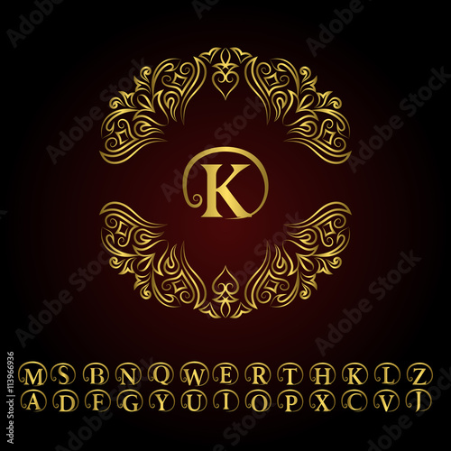 Vintage gold monogram. Abstract logo, alphabet . Vector template in trendy mono Line style. Letter emblem K. Design decor for company logo, Restaurant, Royalty, Boutique, Cafe, Hotel, cosmetics