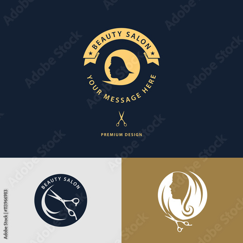 Beauty salon logo. Creative woman's face, hair, tape and scissors. Abstract design template for beauty salon, barber, massage, cosmetic and spa. Vector illustration
