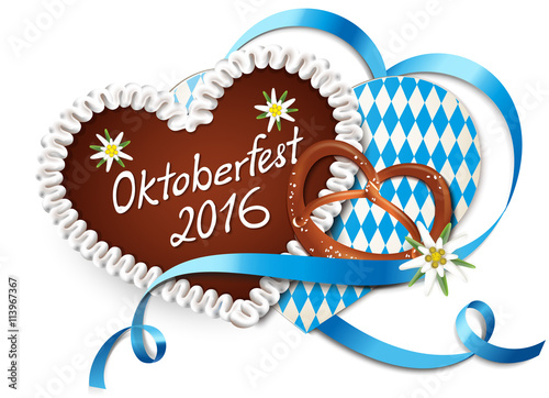 Oktoberfest 2016 - Lebkuchenherz mit Schriftzug, Brezel, Karte und herzförmig geschwungenem Band