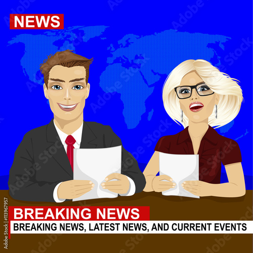 TV news anchors reporting breaking news sitting in studio