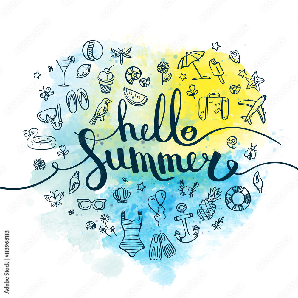 lettering hello summer with set of symbols on blue yellow watercolor background. Vector elements for your design, T-shirts