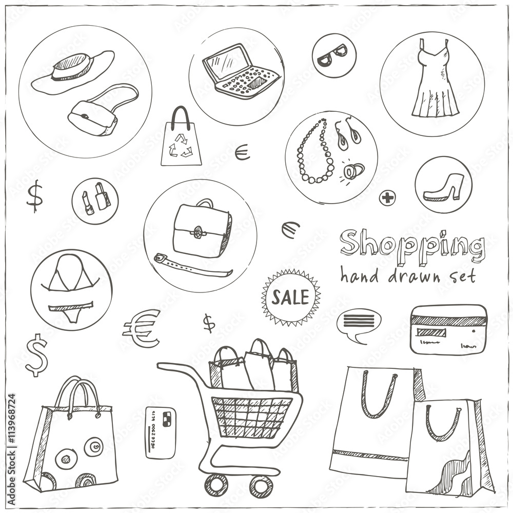 Shopping hand drawn decorative icons set