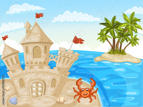 Illustration of crab and sand castle on the beach.