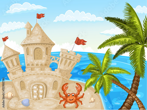 Illustration of crab and sand castle on the beach.
