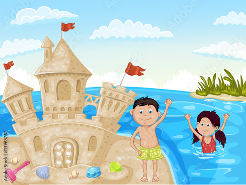 Illustration of sand castle and children on sea beach