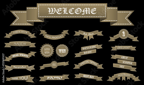 Embroidered bronze ribbons and stumps with business text isolated on black. Can be used for banner, award, sale, icon, logo, label etc. Vector illustration