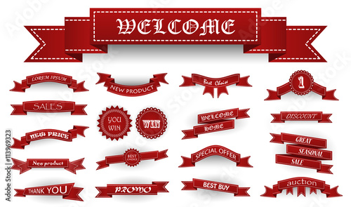 Embroidered burgundy vintage ribbons and stumps with business text and shadows isolated on white. Can be used for banner, award, sale, icon, logo, label etc. Vector illustration