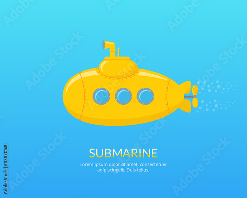 Yellow submarine with periscope swimming underwater. The research of the underwater world by using submarine. Cartoon vector illustration in flat style.