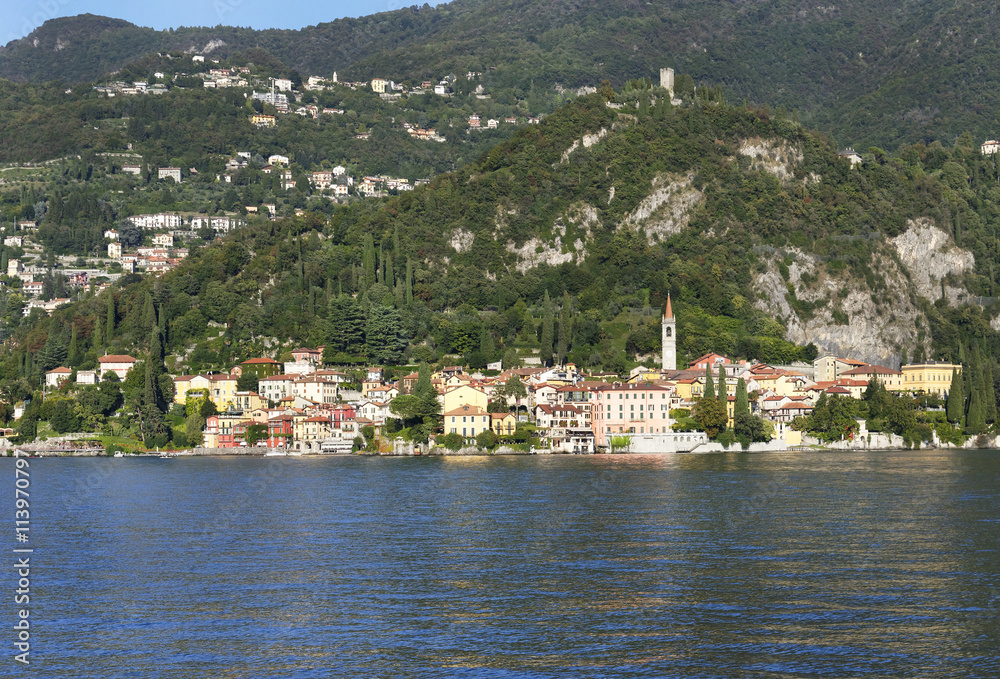 Beautiful landscape with the old town of Varenna seen from the ferry. Italy, september 2015