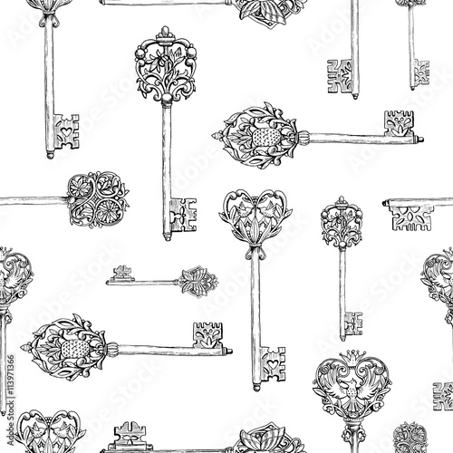 Seamless pattern withhand drawn antique keys. vintage keys with floral elements, butterflies and birds