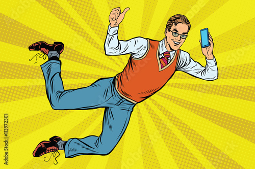 Flying hipster with a smartphone