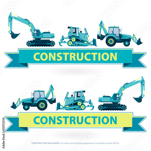 Construction machinery set. Blue ground works with sign. Machine vehicles, truck. Building equipment mix, lorry. Heavy pavement foundation. Master vector illustration. Symbol icon brand.