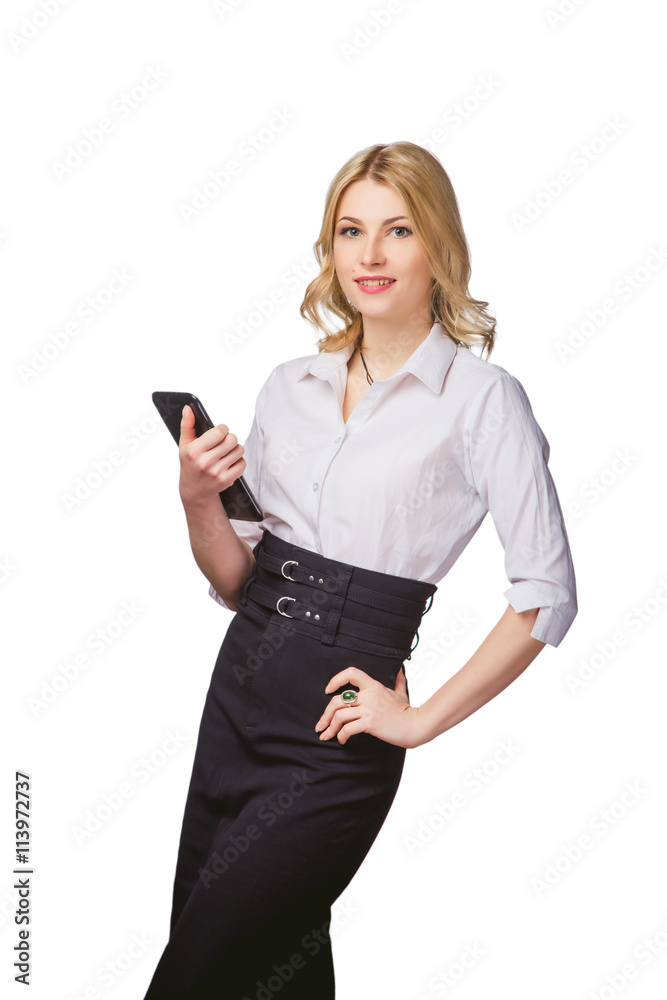 girl on a white background with a tablet in hand, online help girl on a white background with a tablet in hand, online help