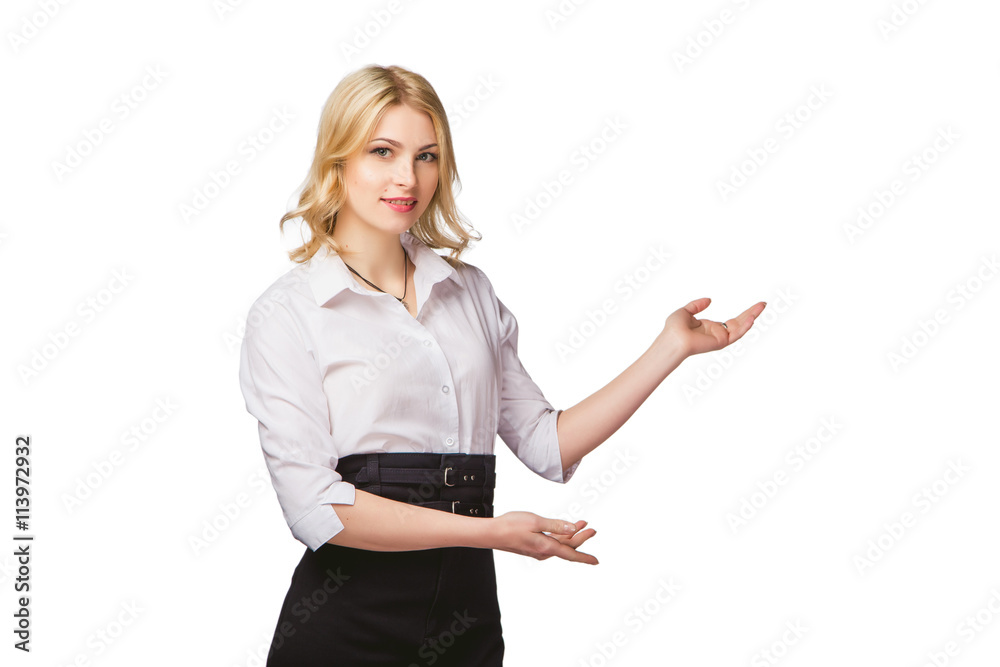 girl on white background product presentation girl on white background product presentation