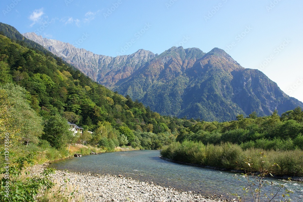 穂高連峰と梓川の美しい風景