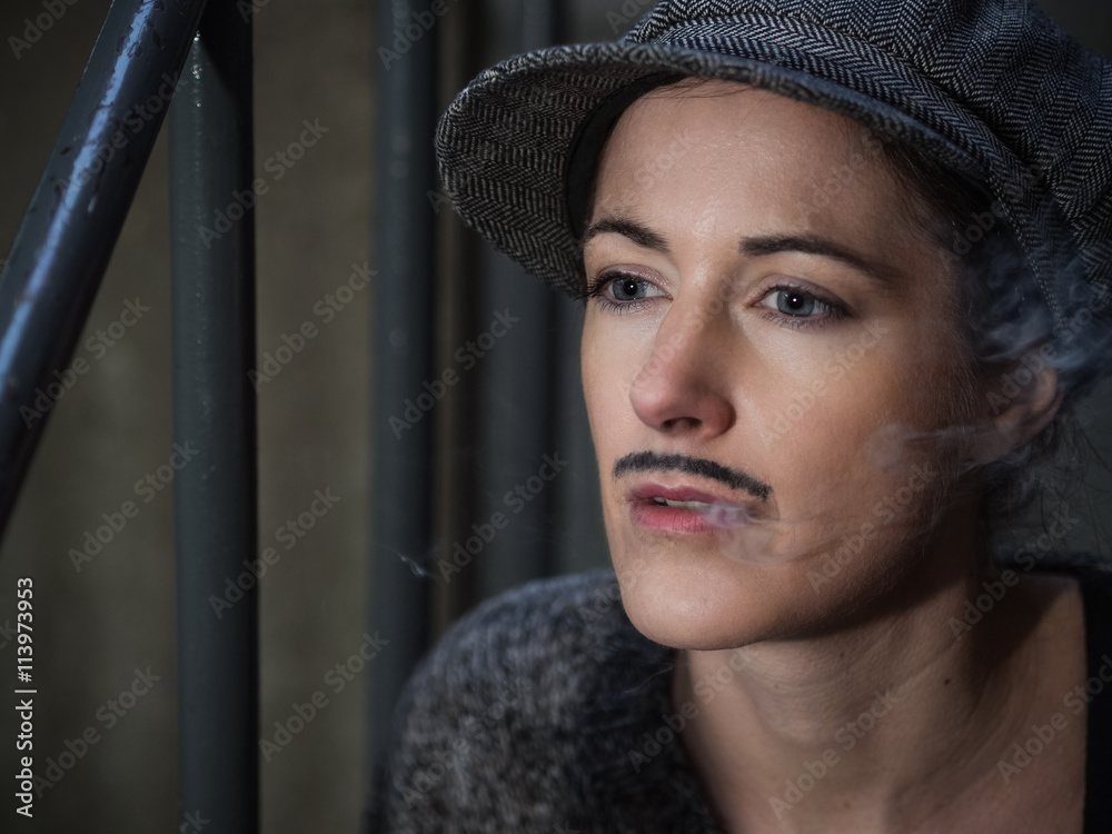 Tomboy nachdenkliche Frau als Mann verkleidet mit ernster Mien Stock Photo Adobe Stock
