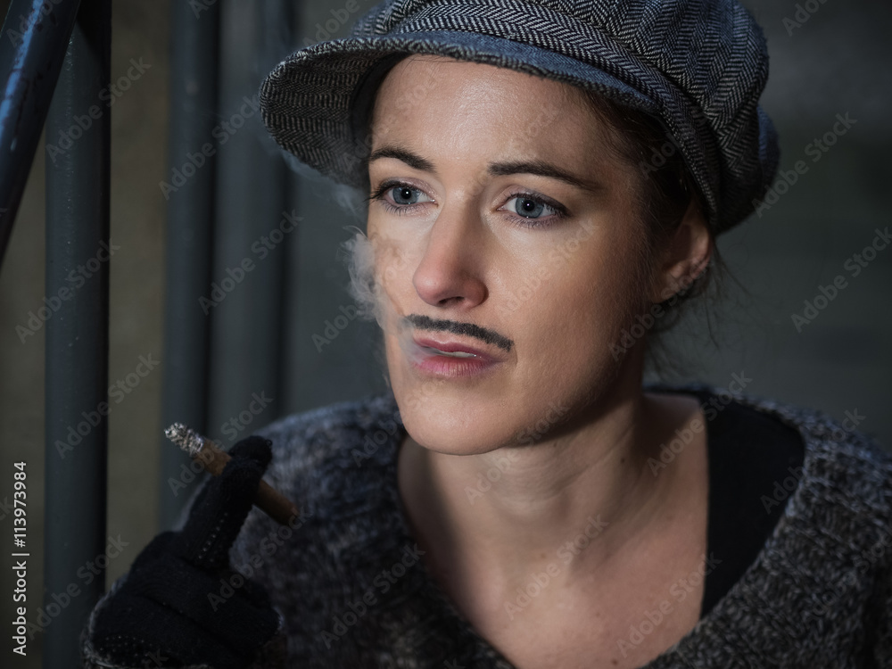 Tomboy nachdenkliche Frau als Mann verkleidet mit ernster Mien Stock Photo Adobe Stock
