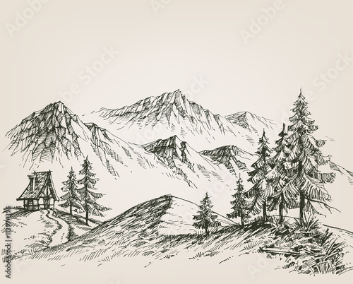 Nature drawing, a hut in the mountains
