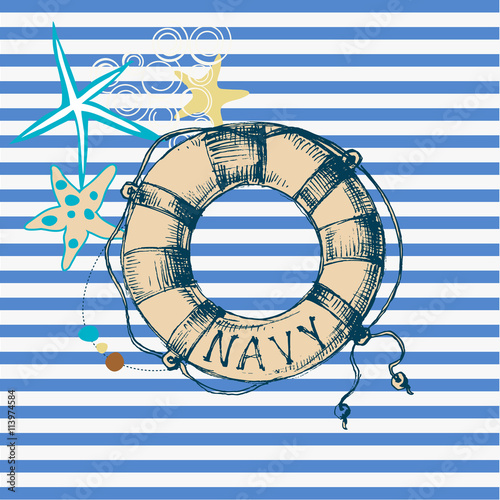 Marine background, lifebuoy frame