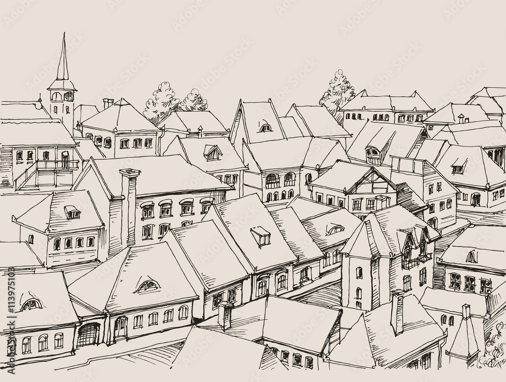 House roofs drawing, small cityscape