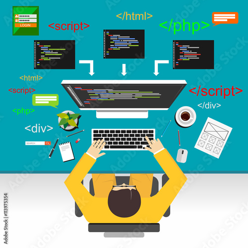 Web development illustration. Flat design.Flat design illustration concepts for analysis, working, brainstorming, coding, programmer, and teamwork.
