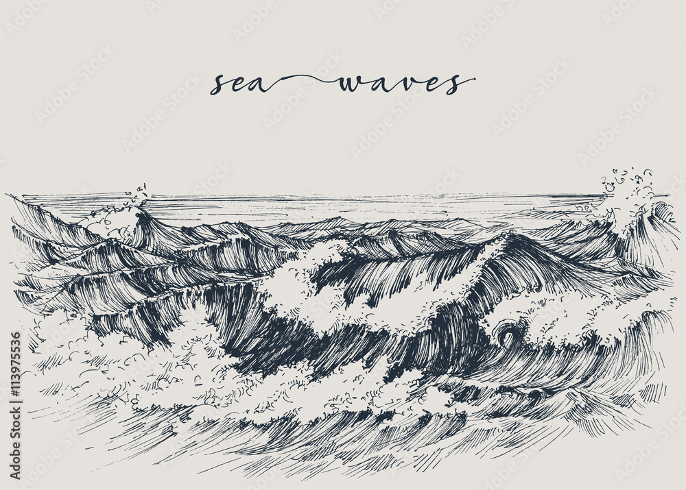 Naklejka premium Sea or ocean waves drawing. Sea view, waves breaking
