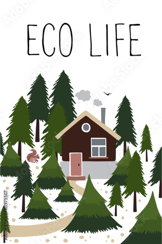 Wooden house in the coniferous forest.