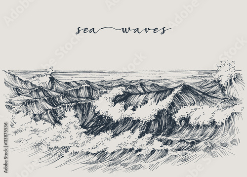 Sea or ocean waves drawing. Sea view, waves breaking