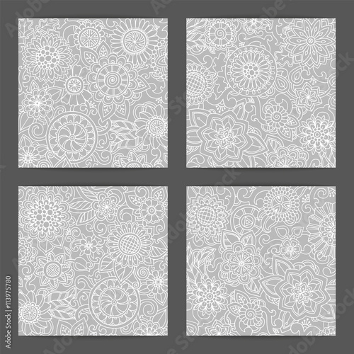 Set of patterns with flowers. Ornate zentangle texture, pattern with abstract flowers. Pattern can be used for wallpaper, pattern fills, web page background, surface textures.