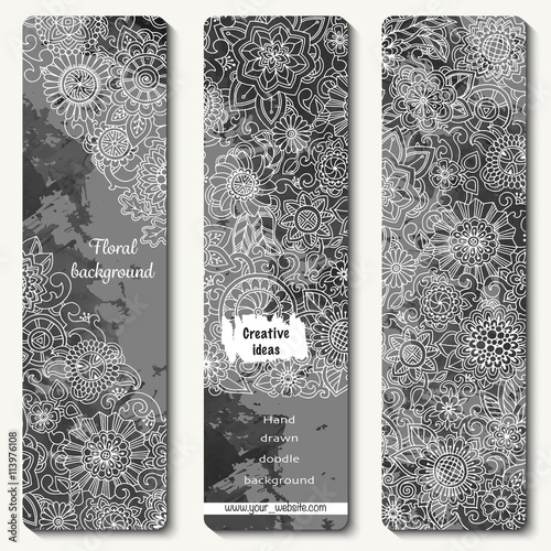Set of vector template banners with watercolor paint abstract background and doodle hand drawn flowers. Series of image Template frame design for card. photo
