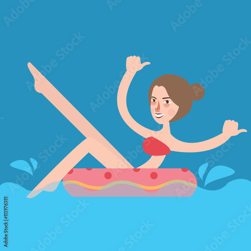 girl happy swimming playing in pool with inflatable