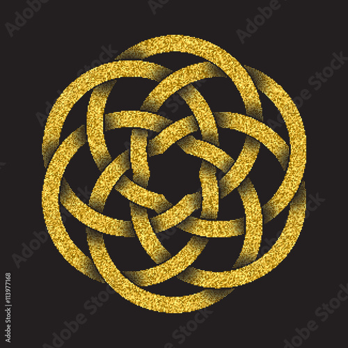 Golden glittering logo template in Celtic knots style on black background. Tribal symbol in circular mandala form. Gold ornament for jewelry design.