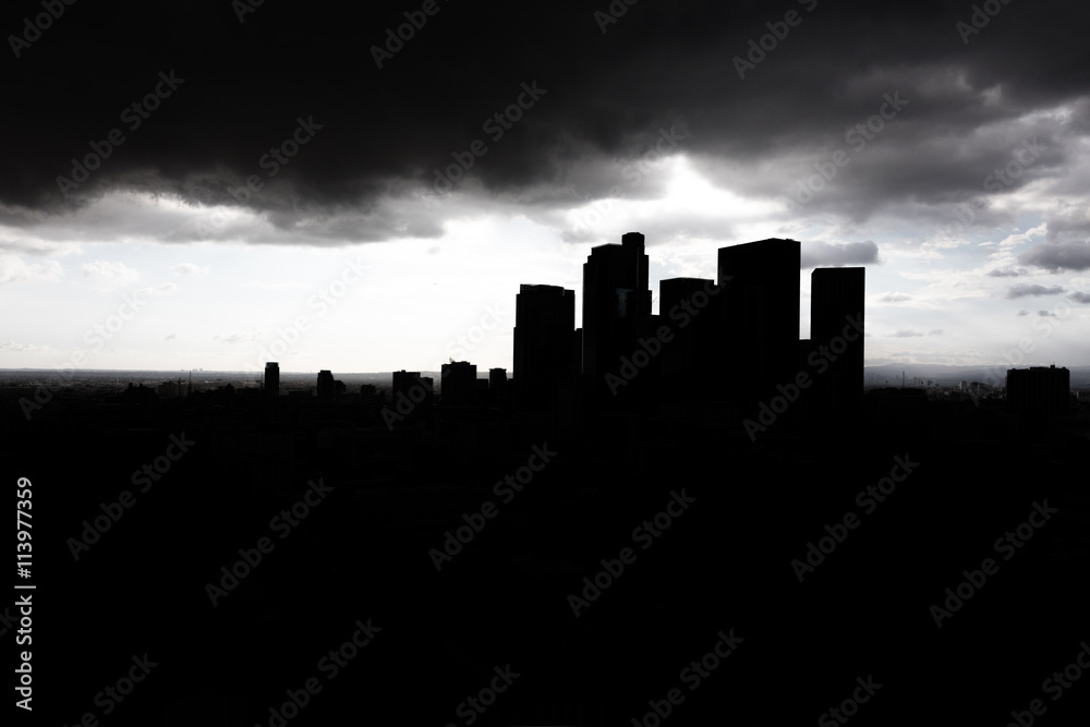 Dark silhouette city skyscrapers