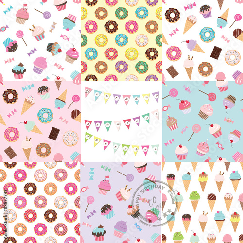 Birthday seamless pattern set with sweets.