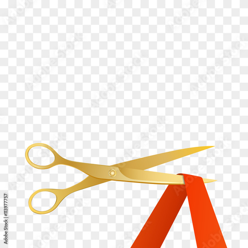 Grand Opening celebrities illustration with gold scissors and red ribbon isolated. Vector