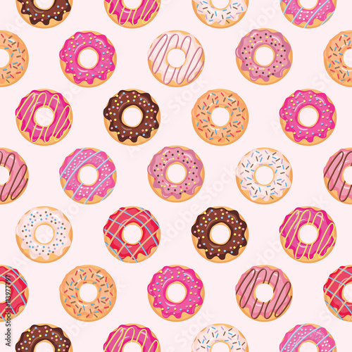 Seamless pattern with glazed donuts. Pink colors. Girly.