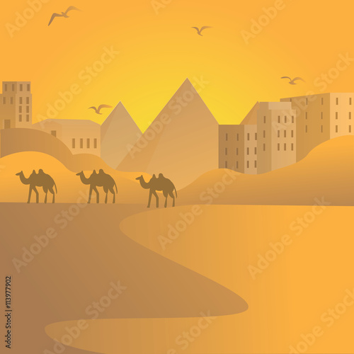 camel caravan travel in desert with pyramids of Egypt at background Arab building