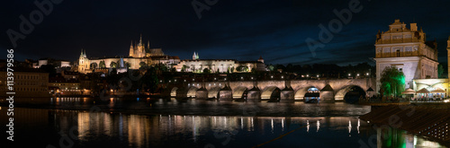 Photography Panorama of Prague with Vltava river in the foreground, Charles Bridge on right and St