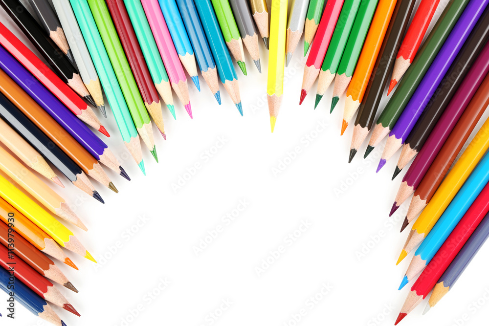 Fototapeta premium Drawing colourful pencils on a white background, close up