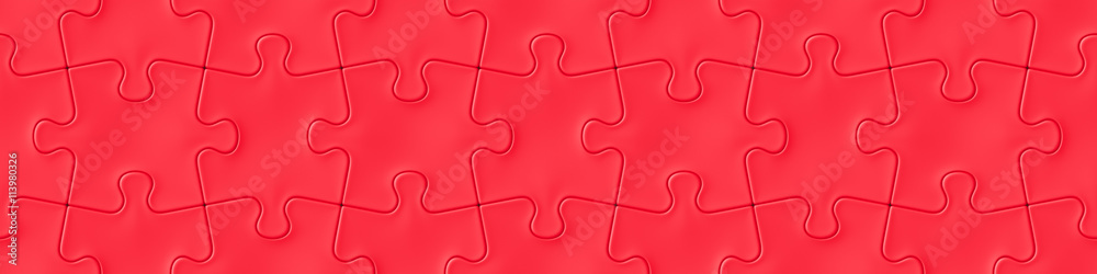 banner with interlocking red jigsaw puzzle pieces (seamless texture, format 4x1, 3d illustration)