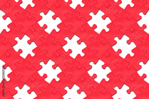 diagonal red jigsaw puzzle pieces interlocking with some missing pieces on a white background (seamless texture, 3x2 format, 3d illustration) photo