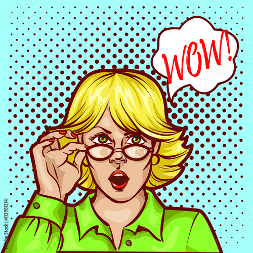 Wow bobble pop art surprised woman face in glasses with open mouth