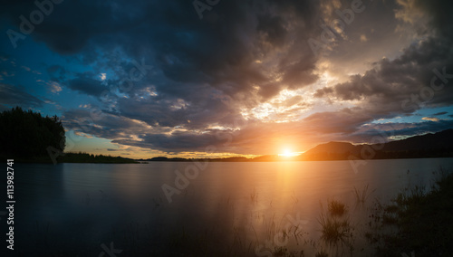 colorful of a Summer sunset at a new Hampshire lake,USA, America