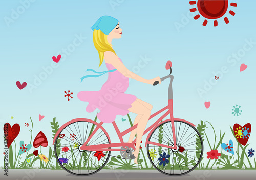 Pregnant girl rides a Bicycle on the field with blue sky background. Vector illustration. Horizontal.