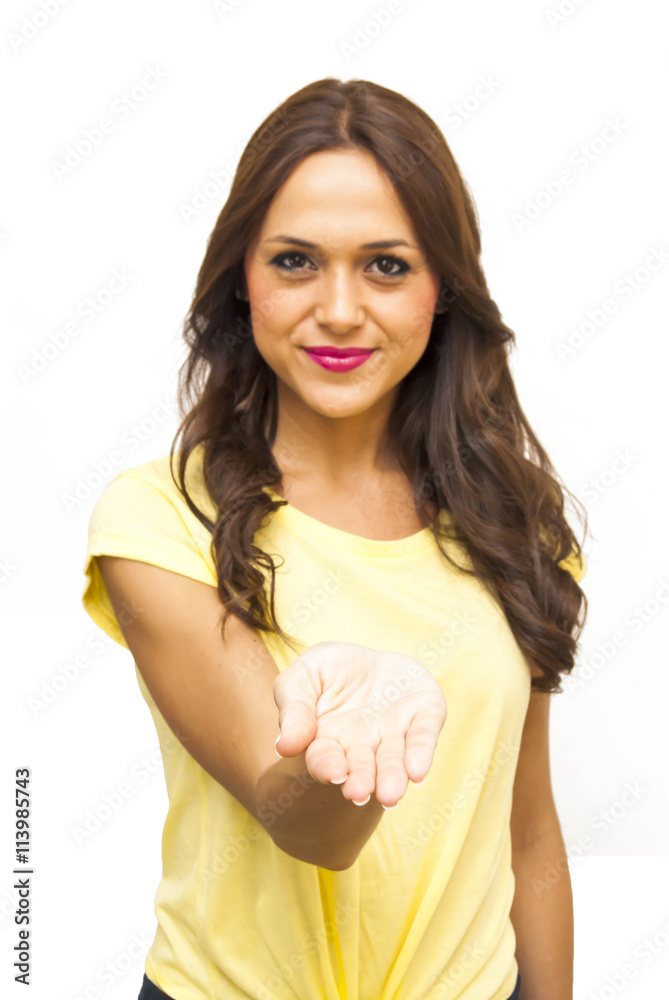 Portrait of a beautiful woman with her open hand Portrait of a beautiful woman with her open hand