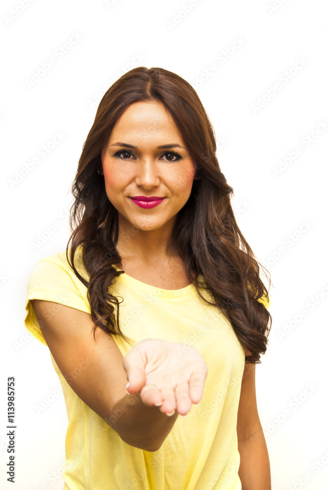 Fototapeta premium Portrait of a beautiful woman with her open hand